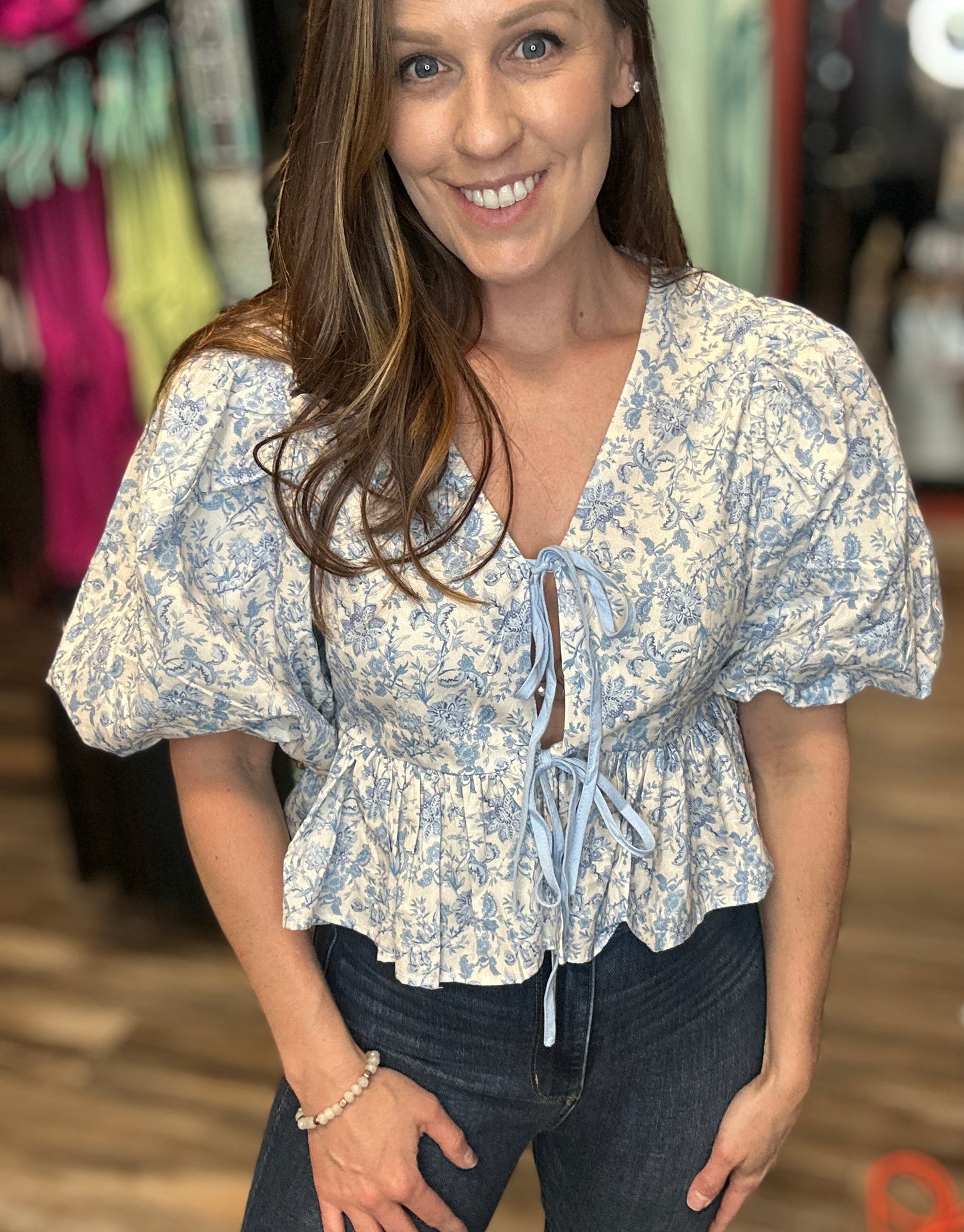 Blue Smock Front Tie Top