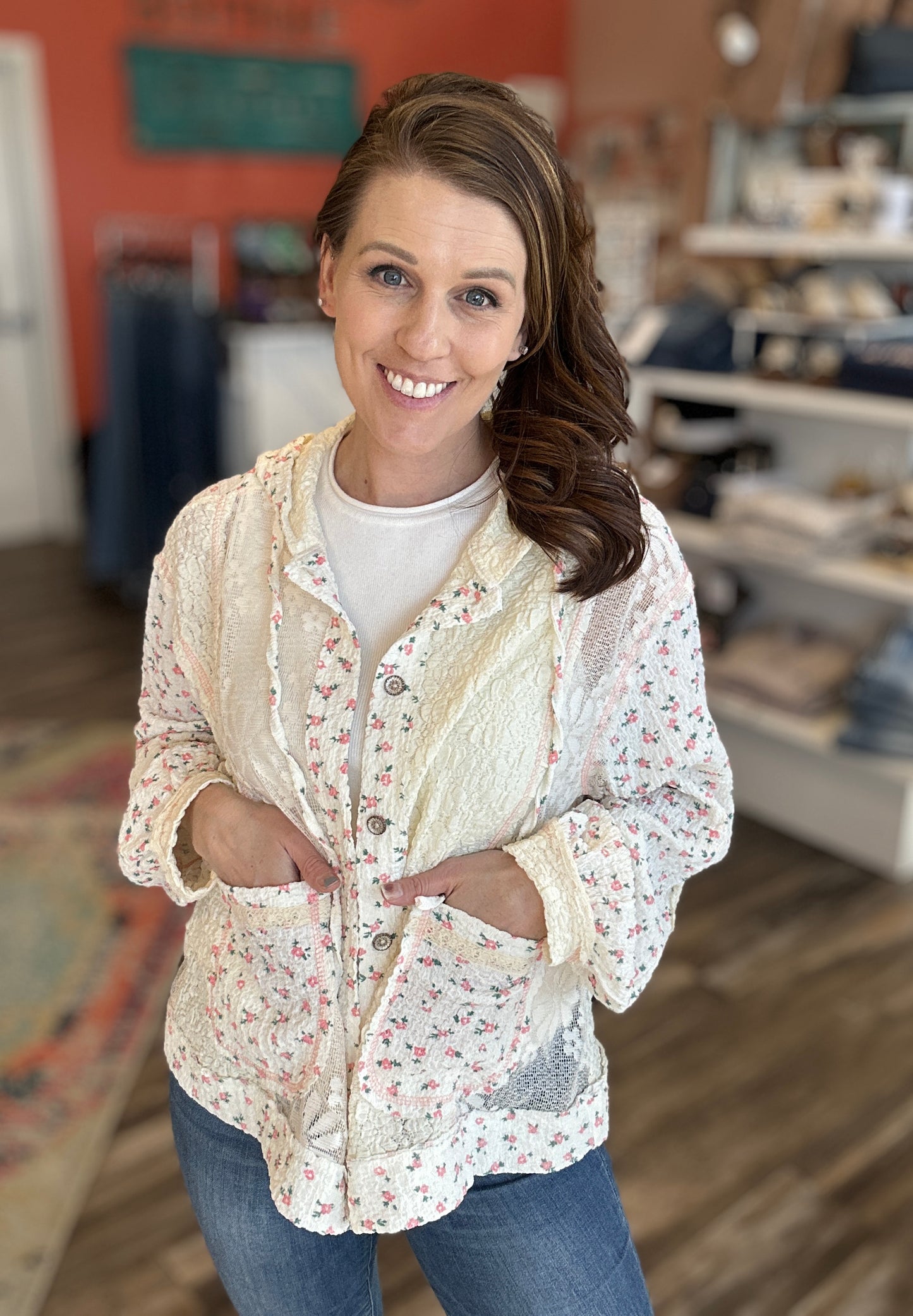 Cream Floral and Lace Hooded Jacket