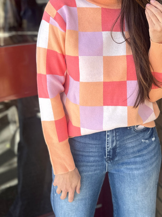 Mixed Coral Checkered Sweater