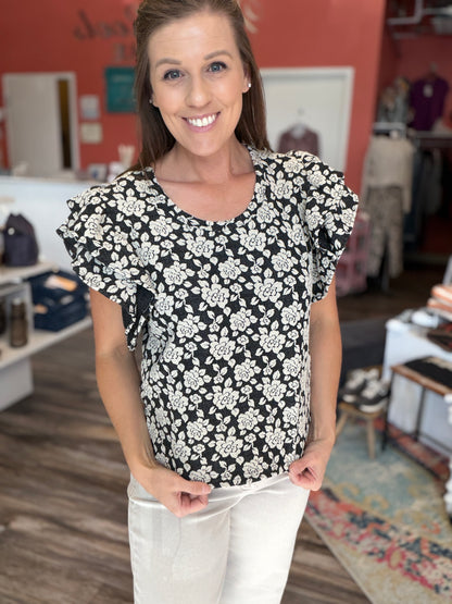 Floral Jacquard Ruffle Sleeve Knit Top