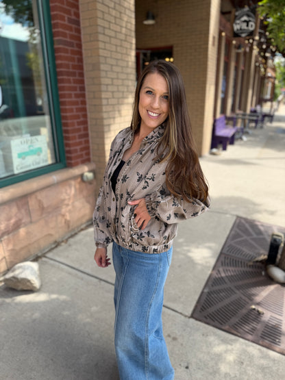 Mocha Floral Twill Puff Jacket