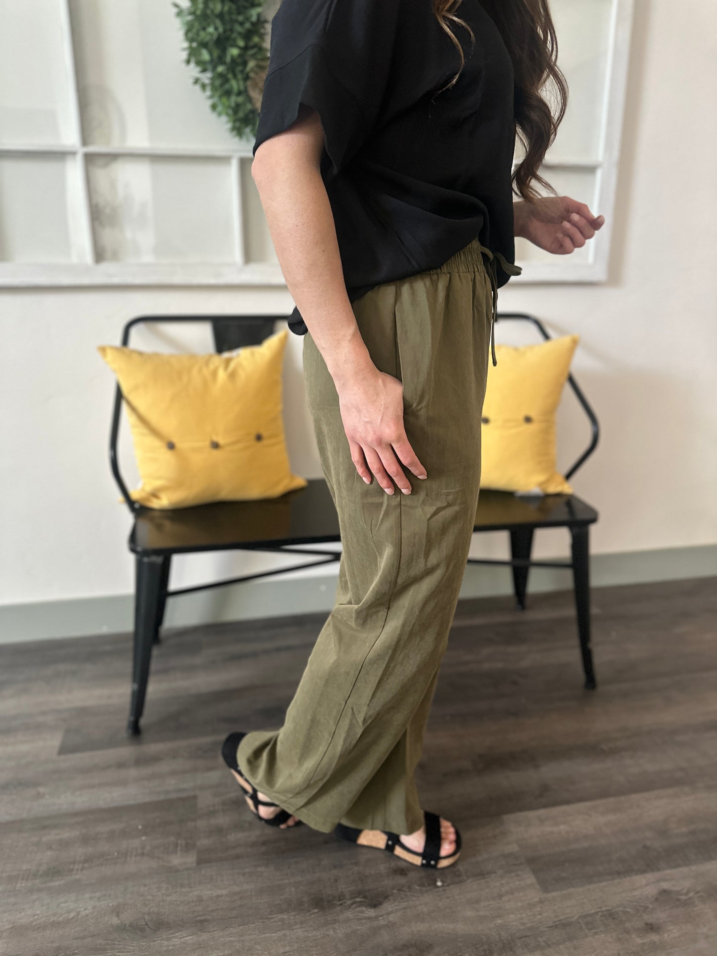 Olive Elastic Wide Leg Pants