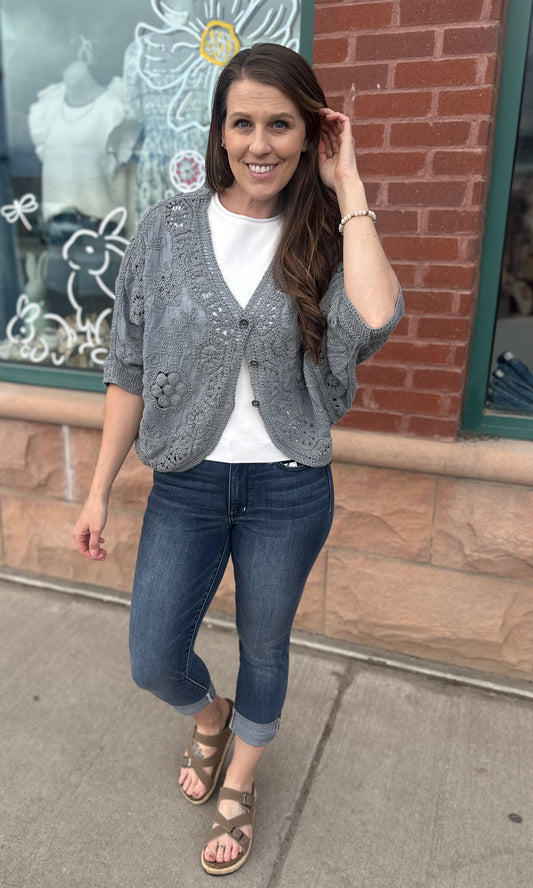 Grey Crochet Cropped Cardigan