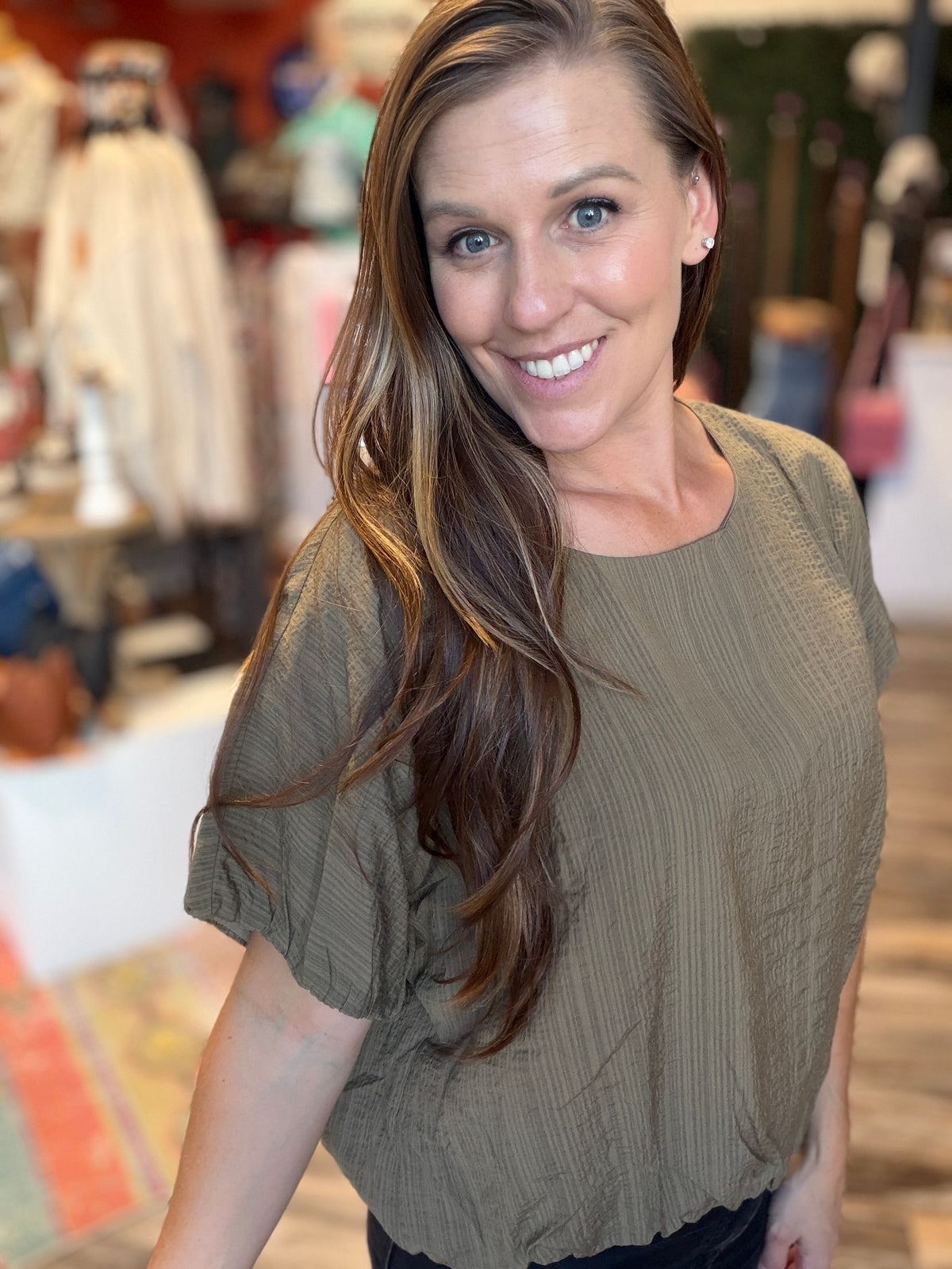 Olive Textured Ballon Blouse