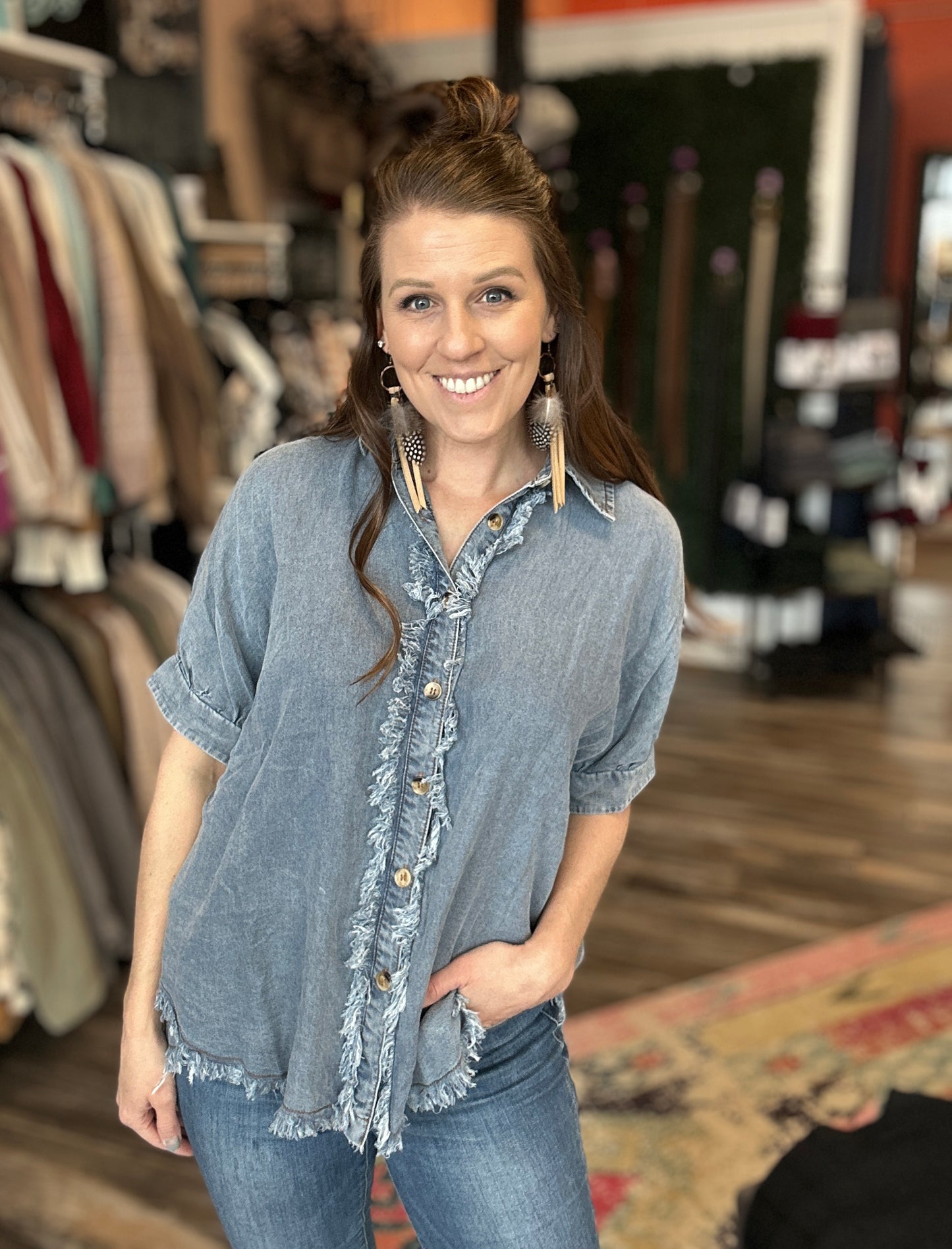Frayed Trim Denim Top