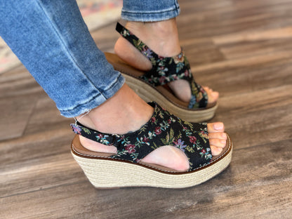 Black Floral Wedge