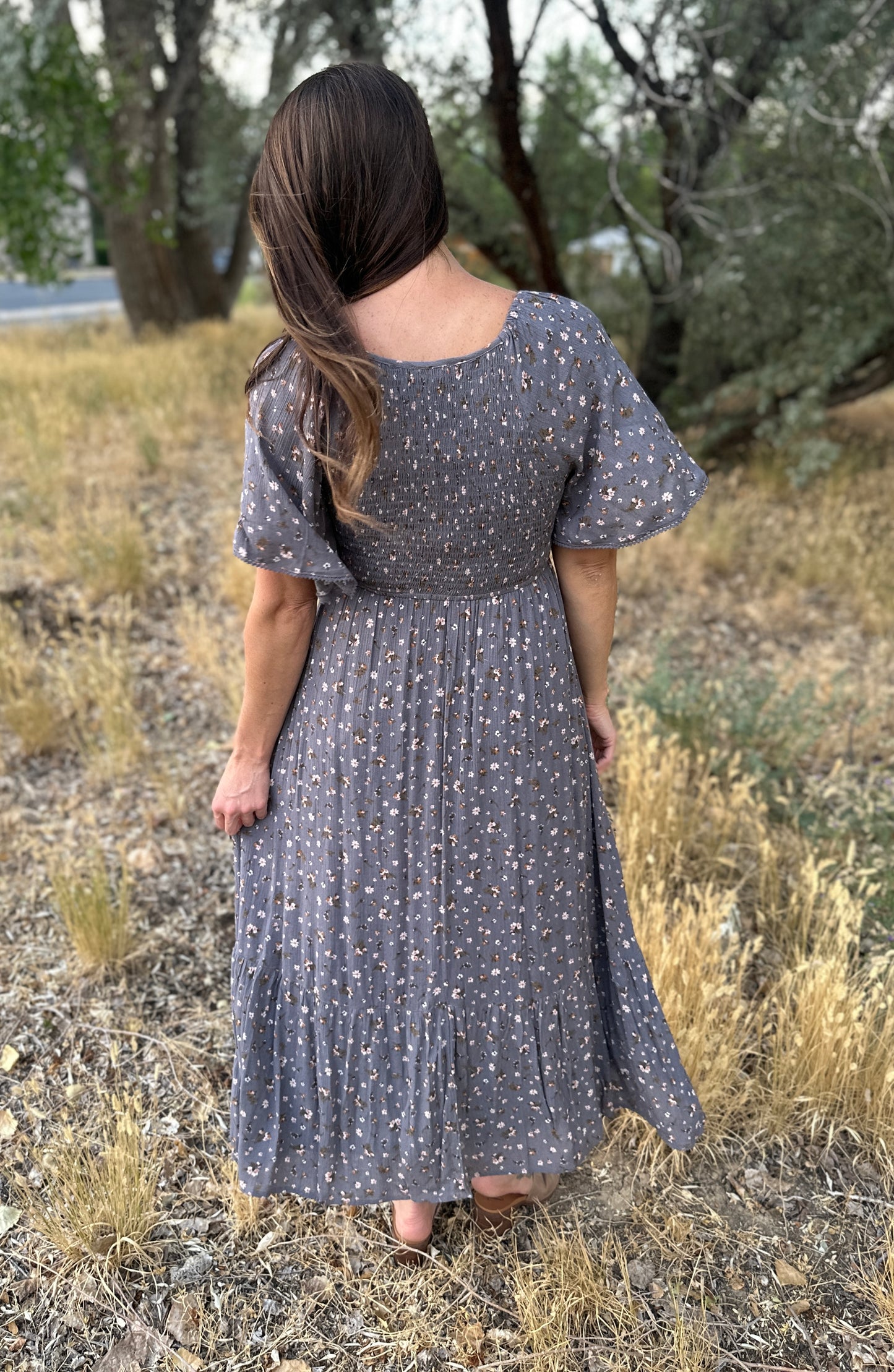 Slate Grey + Floral Smocked Midi Dress