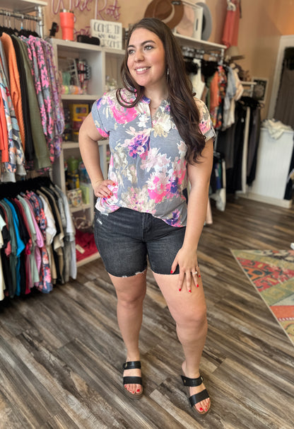 Grey and Pink Floral Short Sleeve