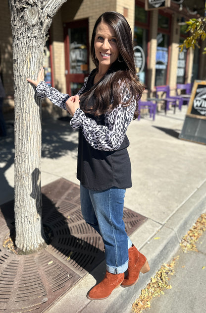 Black Waffle Knit + Animal Print Long Sleeve