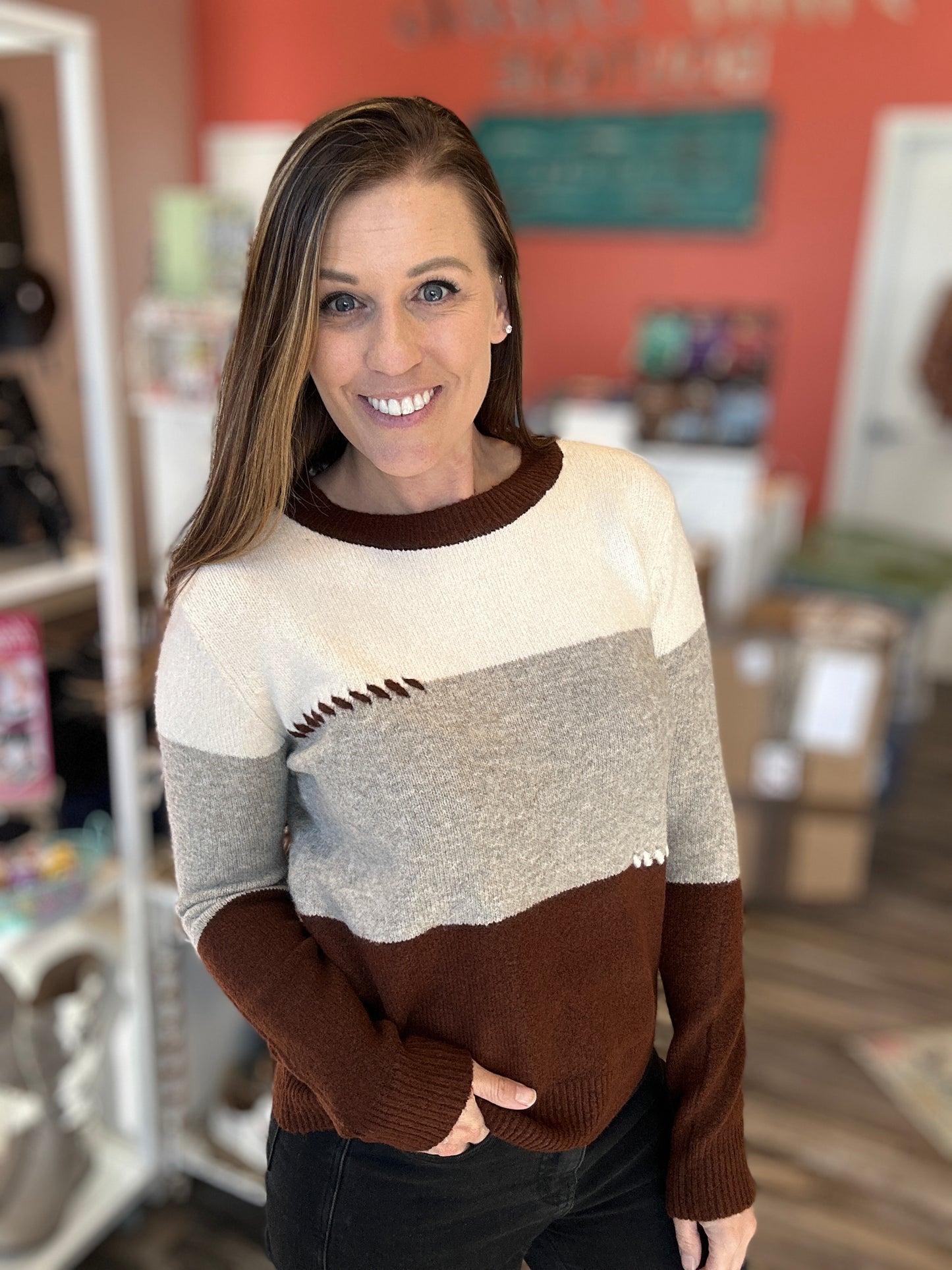 Color Block Stitched Accent Sweater