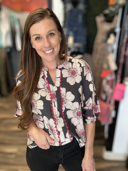 Charcoal Floral 3/4 Sleeve Blouse