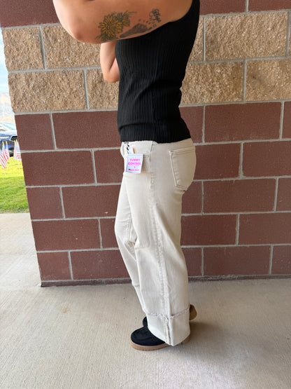 Almond Wide Leg Cuffed Pants