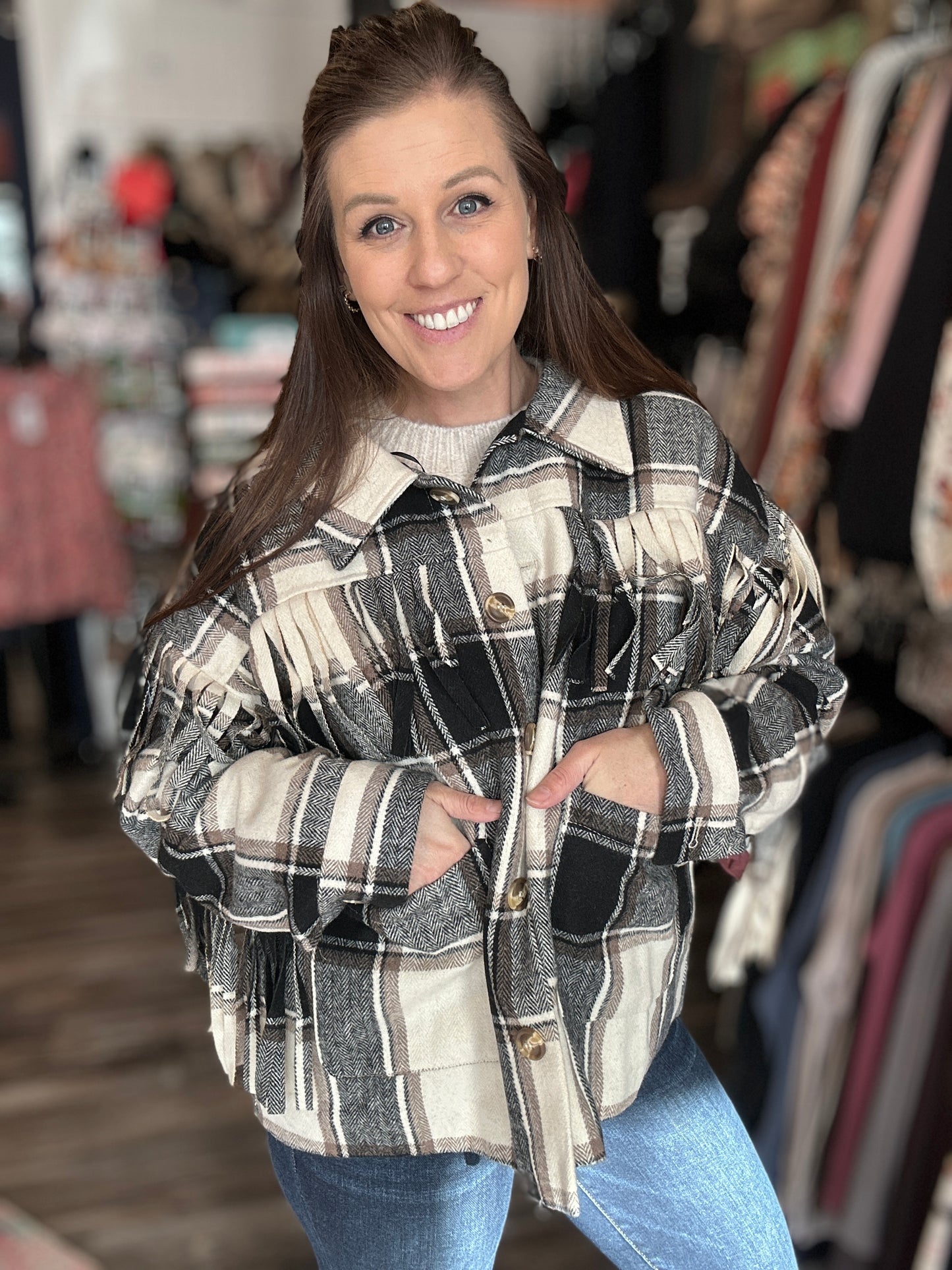 Wool Fringe Plaid Jacket