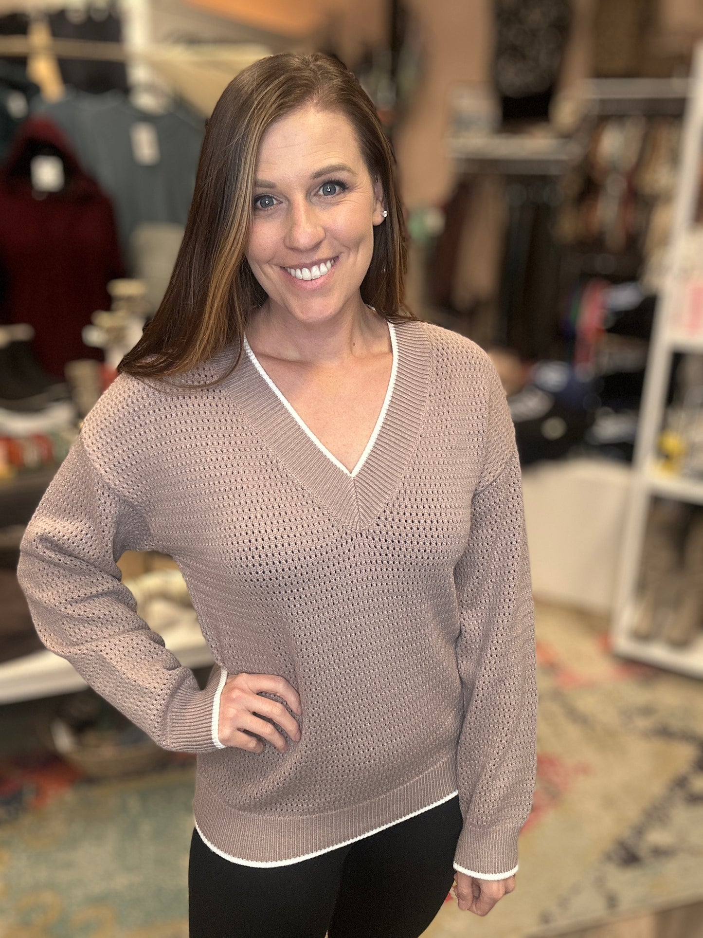 Taupe Knit V-Neck Sweater