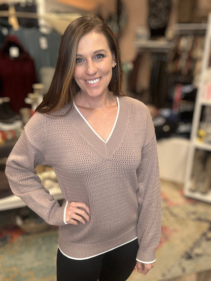 Taupe Knit V-Neck Sweater