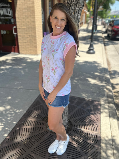 Drop Shoulder Short Sleeve Tulip Print Top