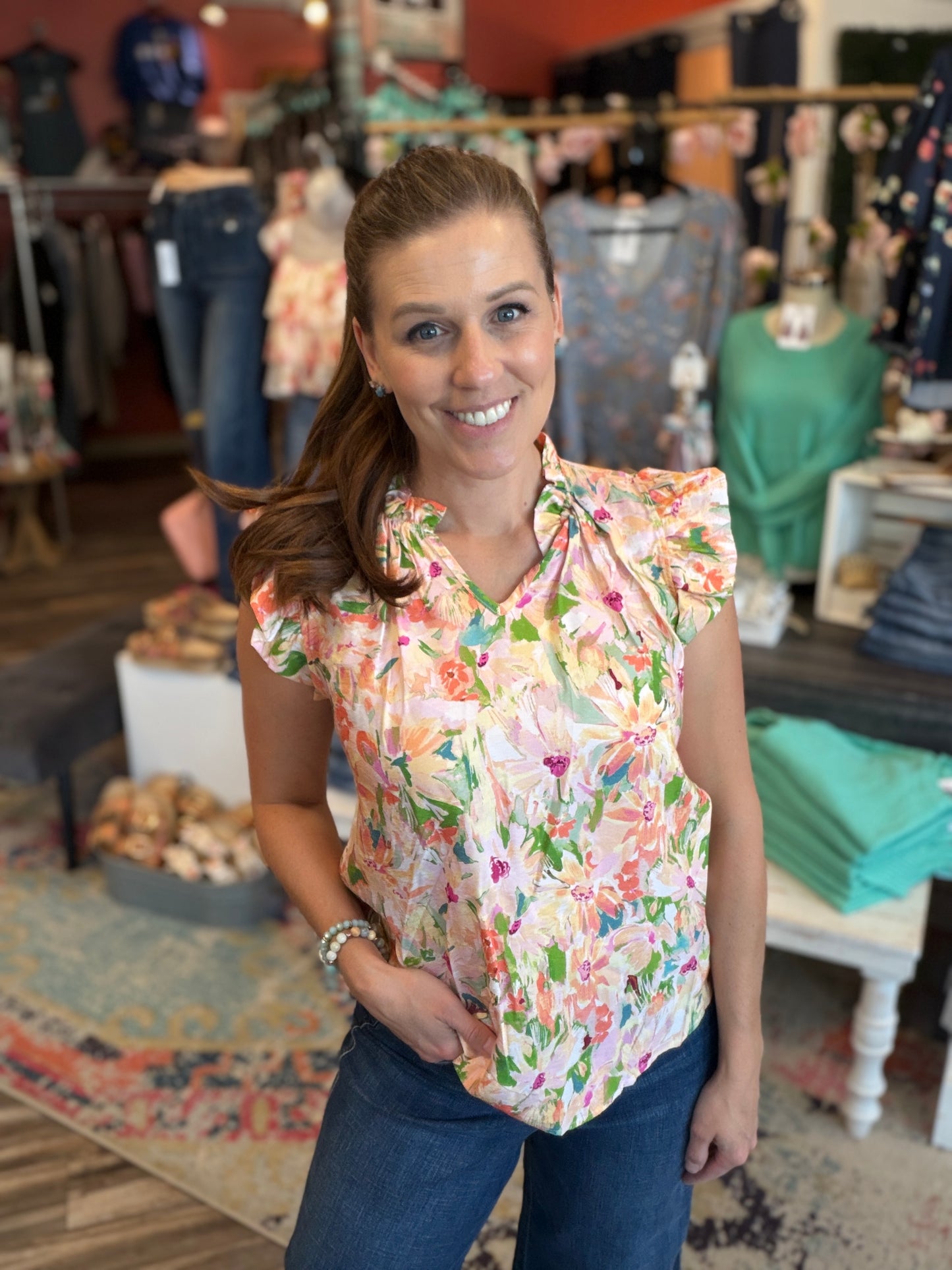 Floral Ruffle V-Neck Blouse