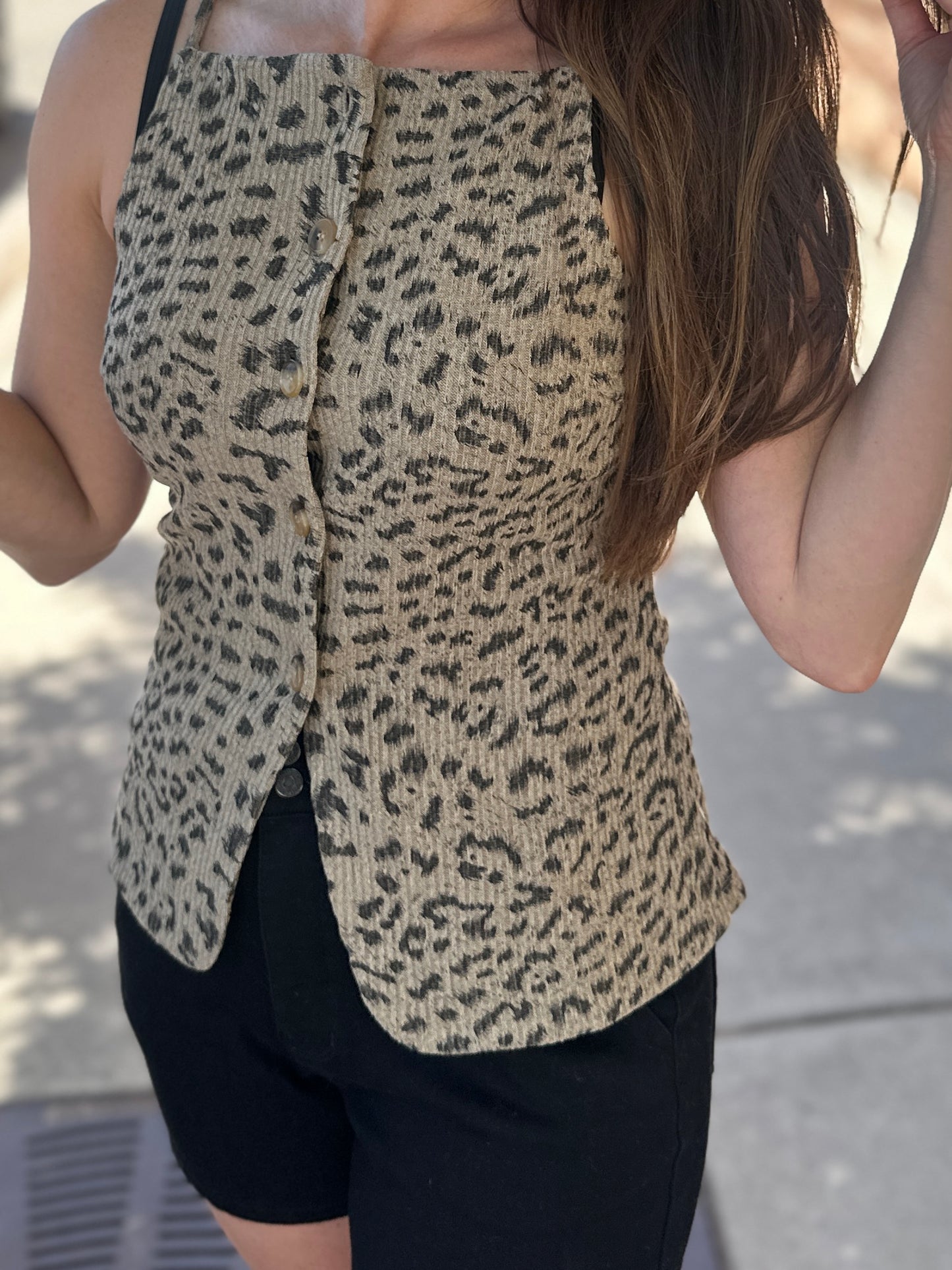 Ribbed Leopard Print Button Up Tank