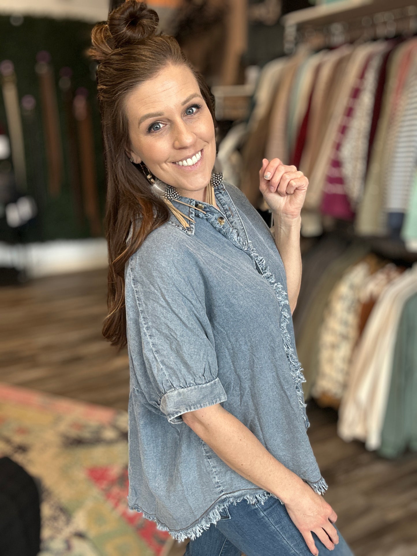 Frayed Trim Denim Top