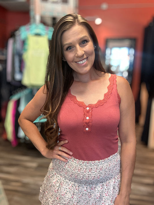 Ribbed Tank With Lace and Buttons