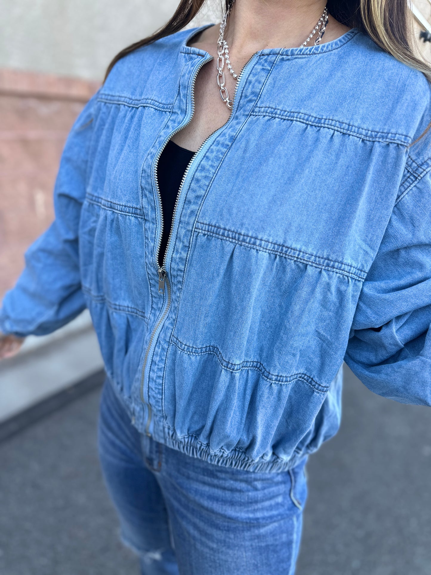 Pleated Denim Jacket