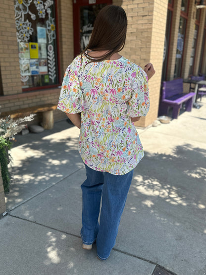Notch Neck Puff Sleeve Floral Woven Top