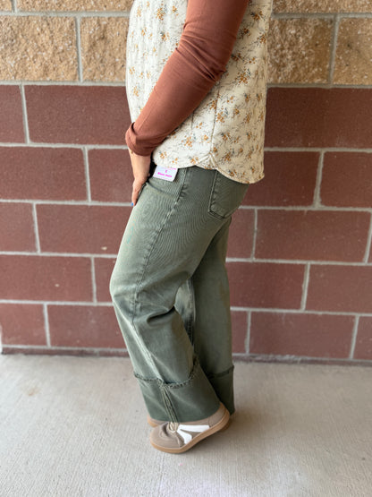 Burnt Olive Wide Leg Cuffed Pants
