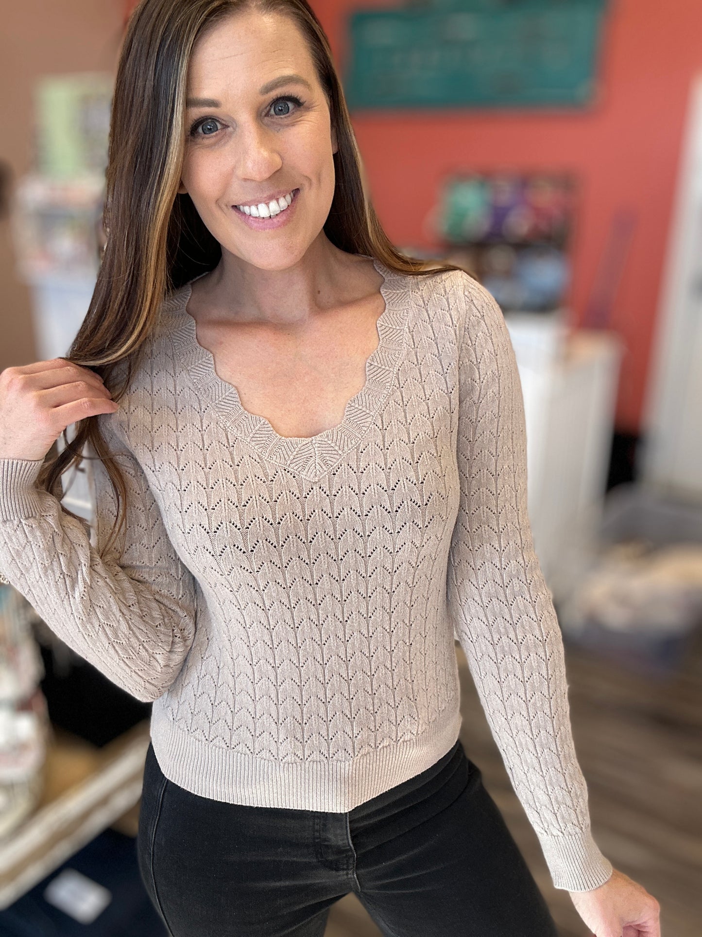 Scallop Neck Pointelle Sweater