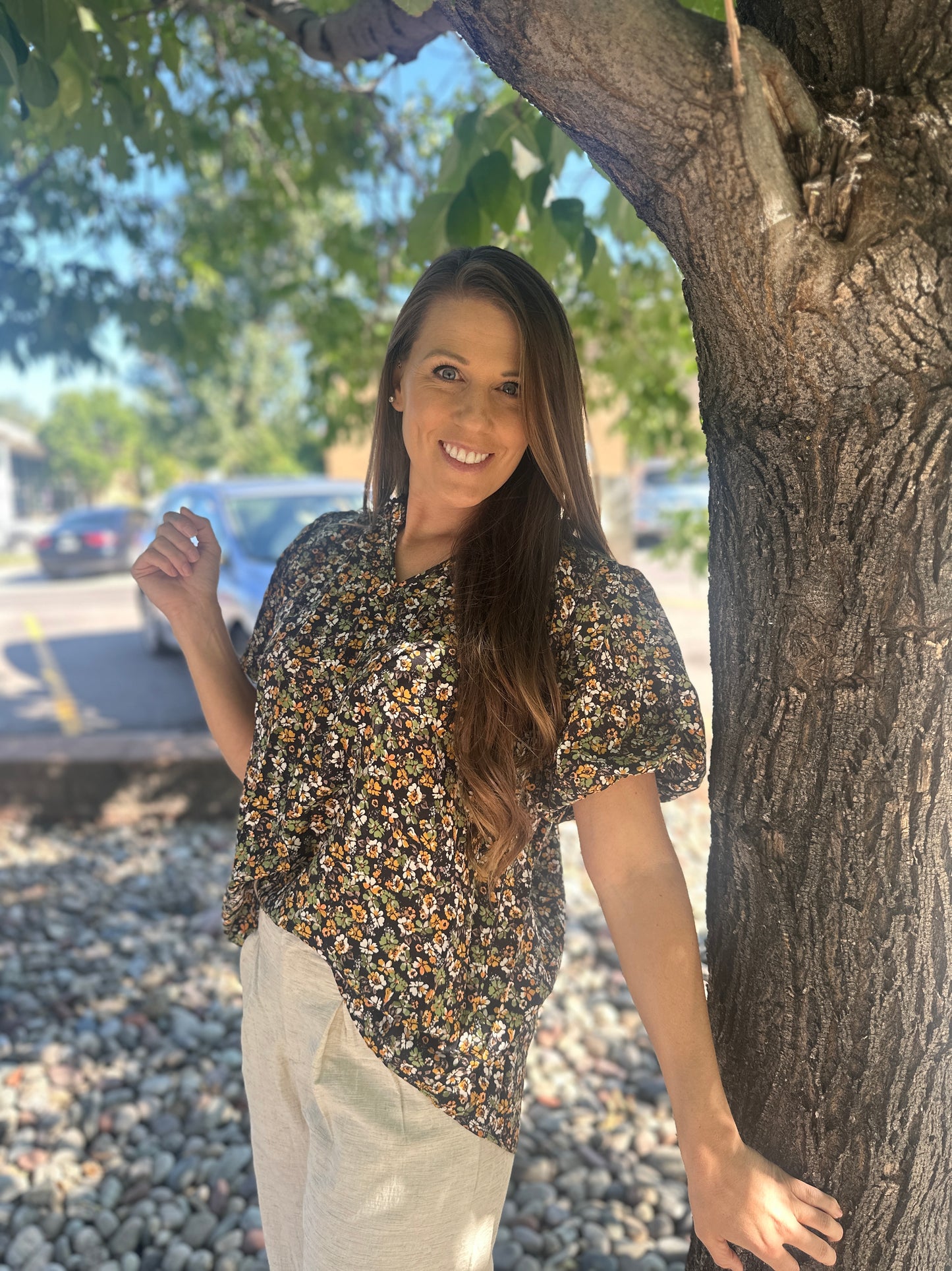 Black Floral Puff Sleeve Blouse