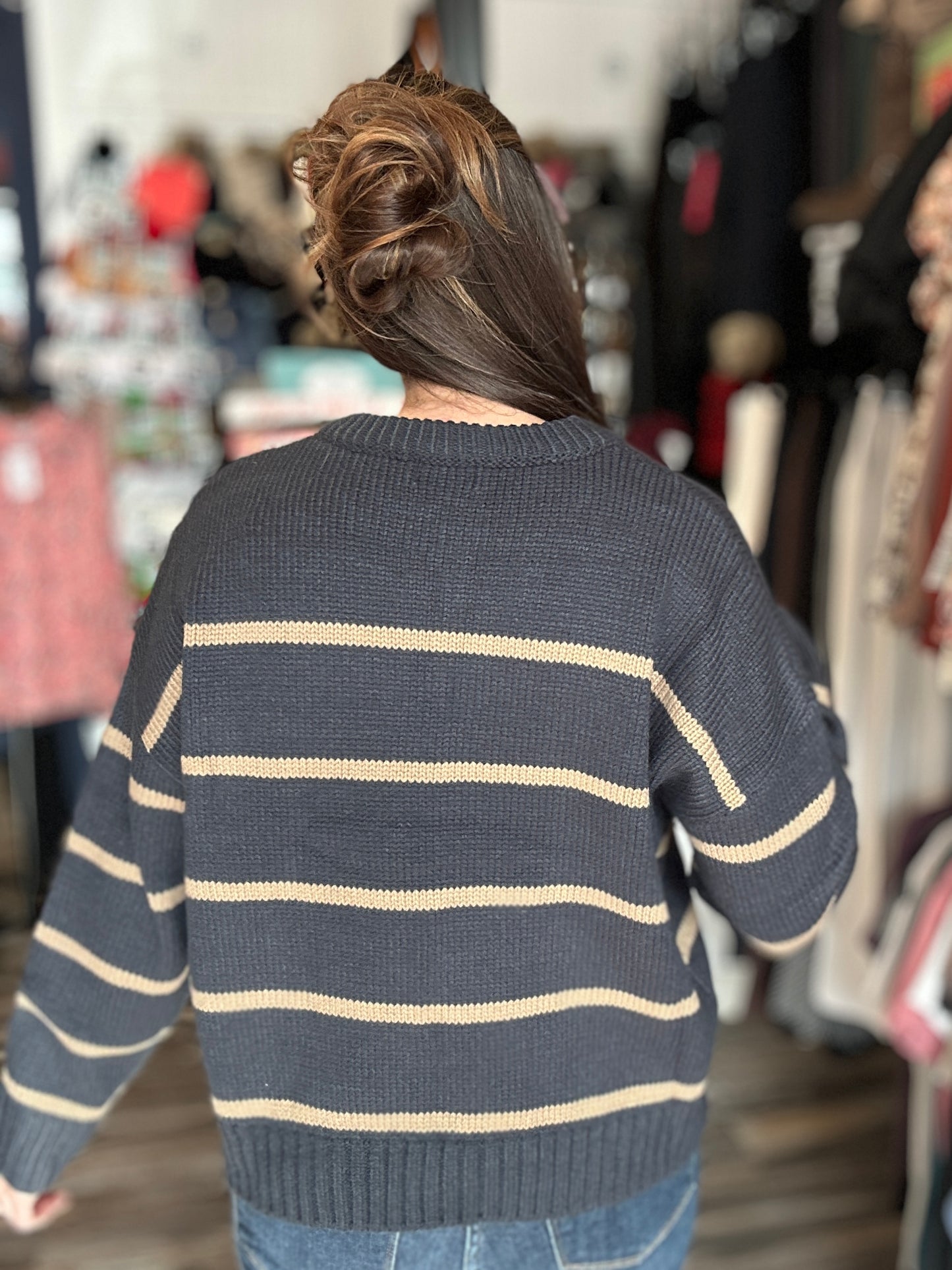 Navy/Taupe Stripe Knit Sweater