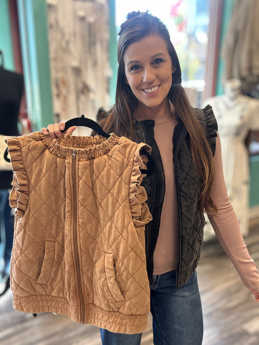 Washed Quilted Ruffle Sleeve Vest