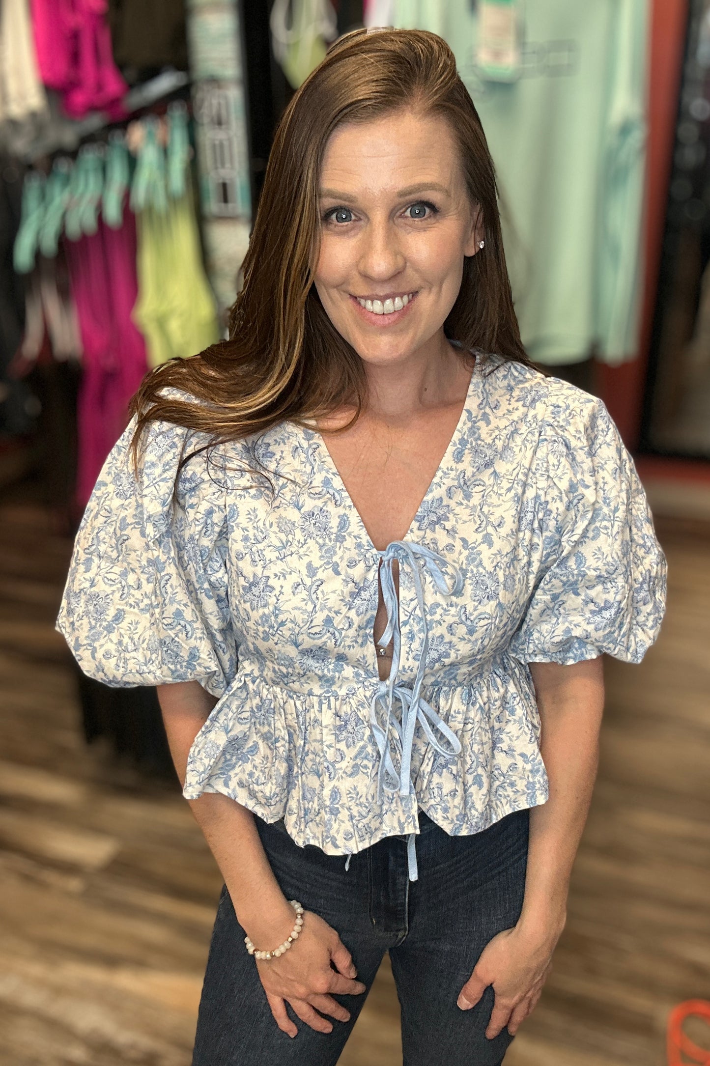Blue Smock Front Tie Top