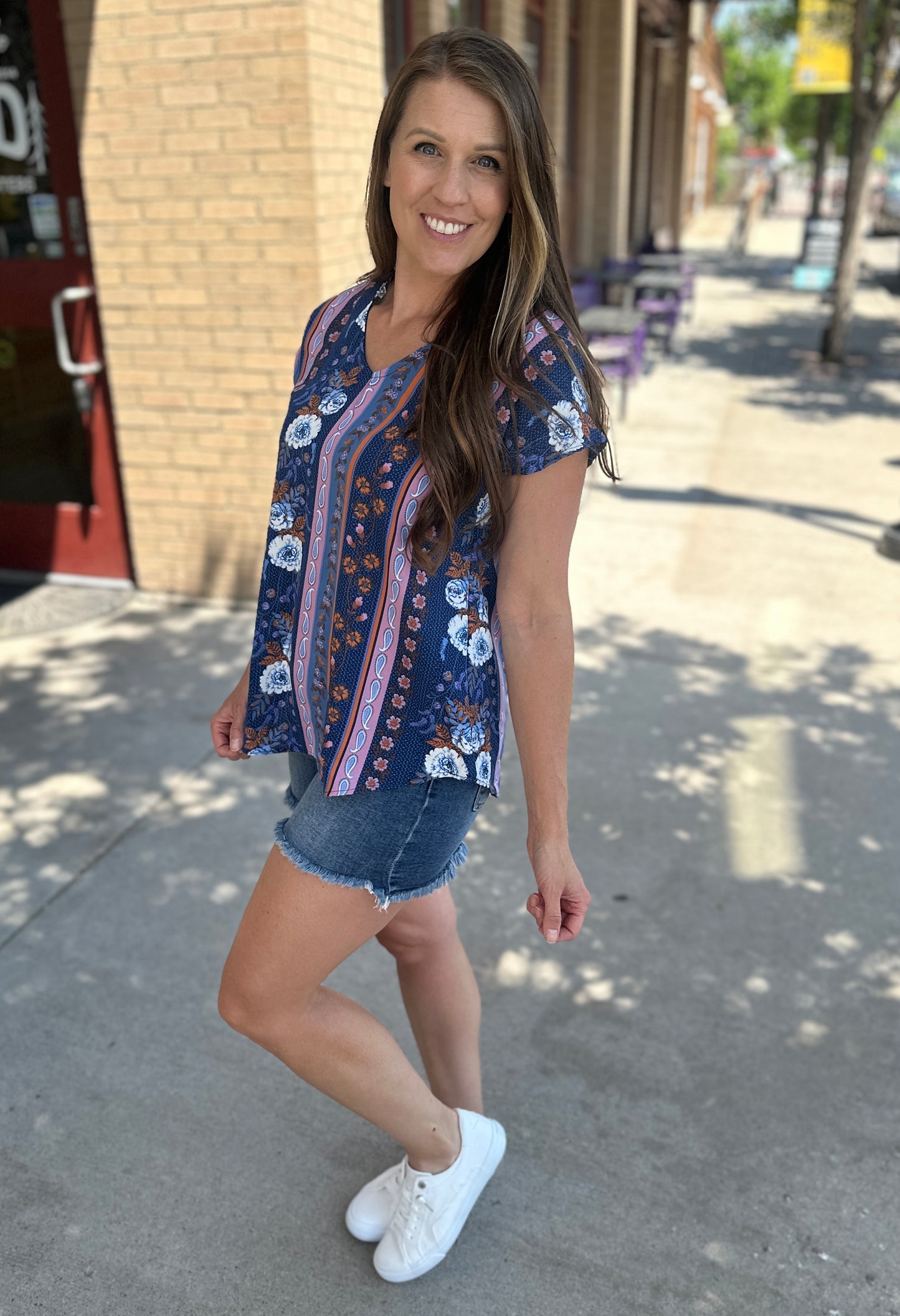 V-Neck Floral Geometric Blouse