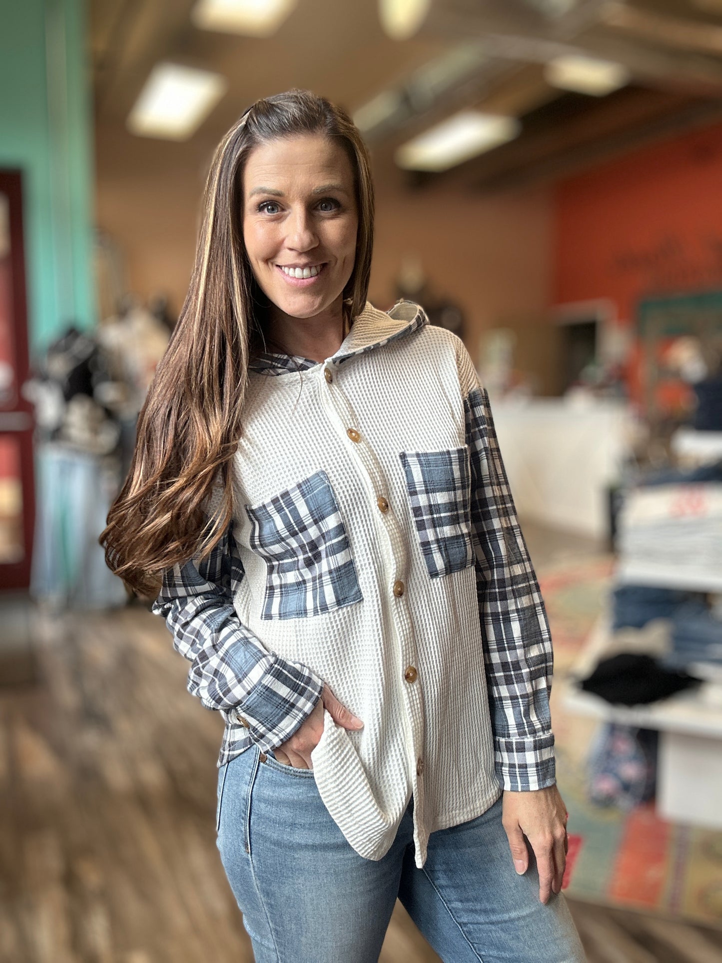 Plaid Contrast Button Down Hoodie