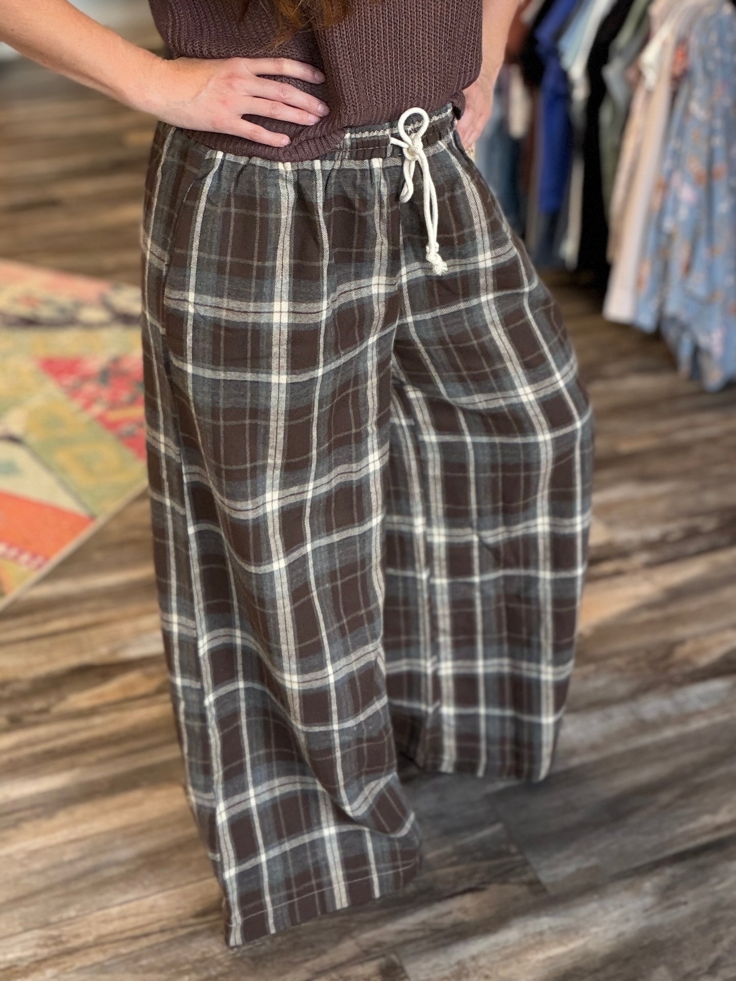 Chocolate Plaid Wide Leg Pants