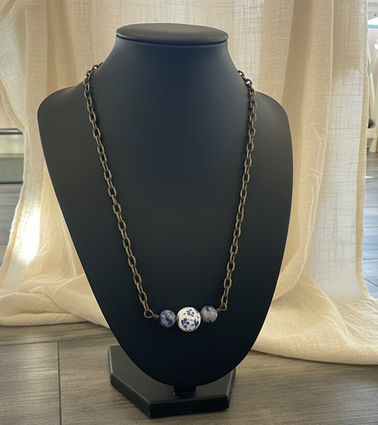 Navy Floral Beaded Necklace