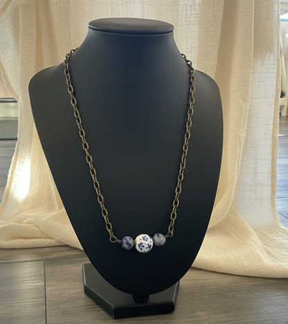 Navy Floral Beaded Necklace