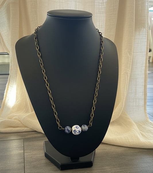 Navy Floral Beaded Necklace