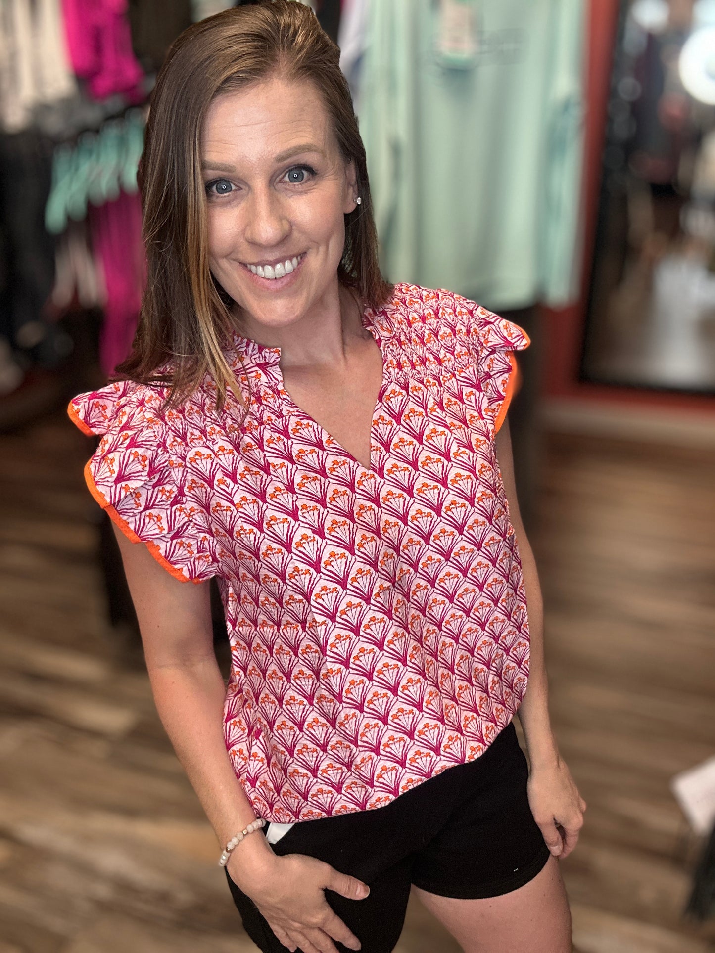 Pink Ruffled Collar Short Sleeve Blouse