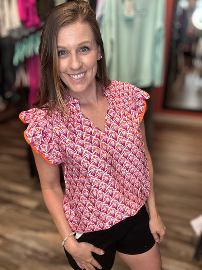Pink Ruffled Collar Short Sleeve Blouse