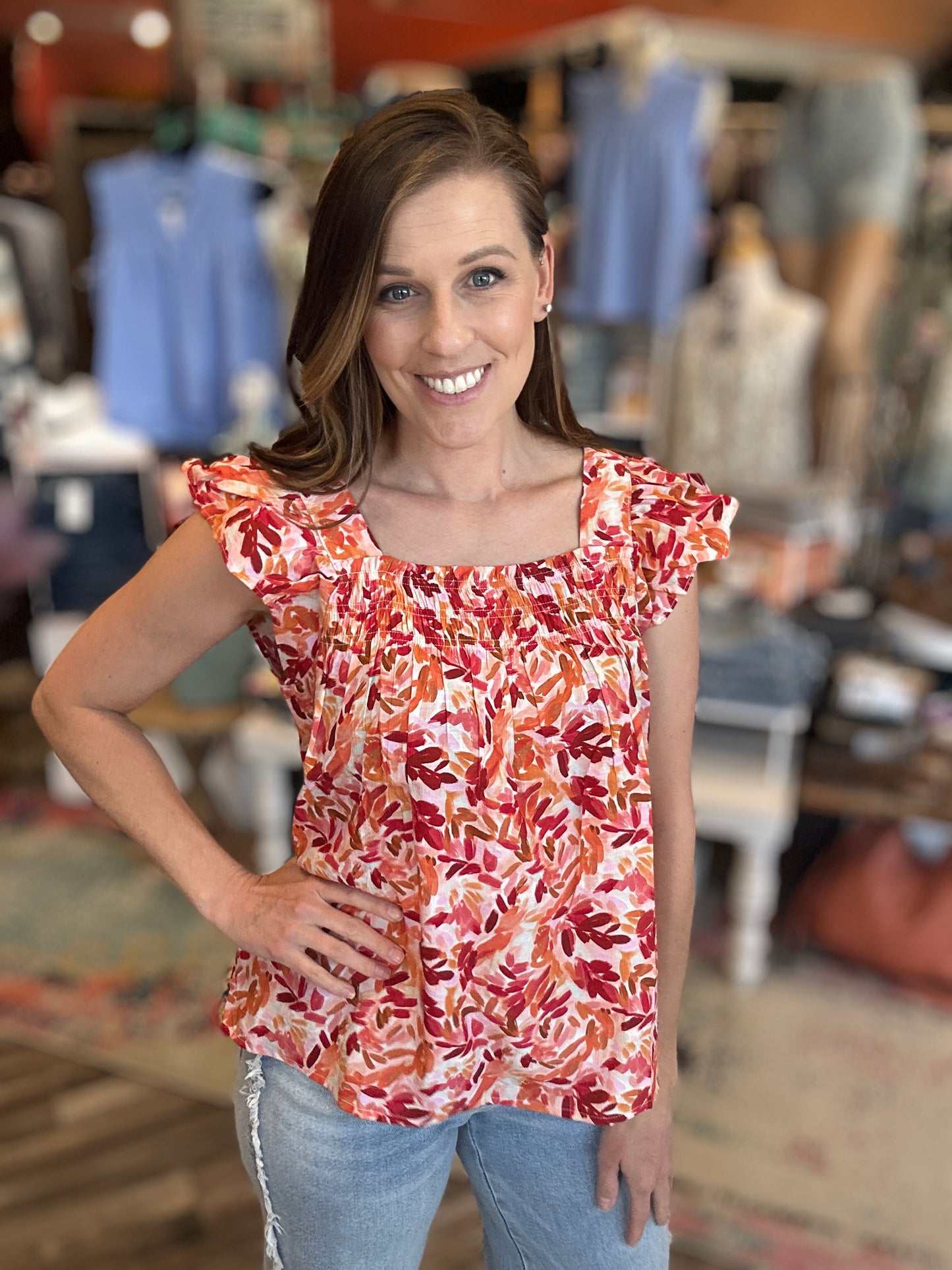 Coral Flutter Sleeve Blouse