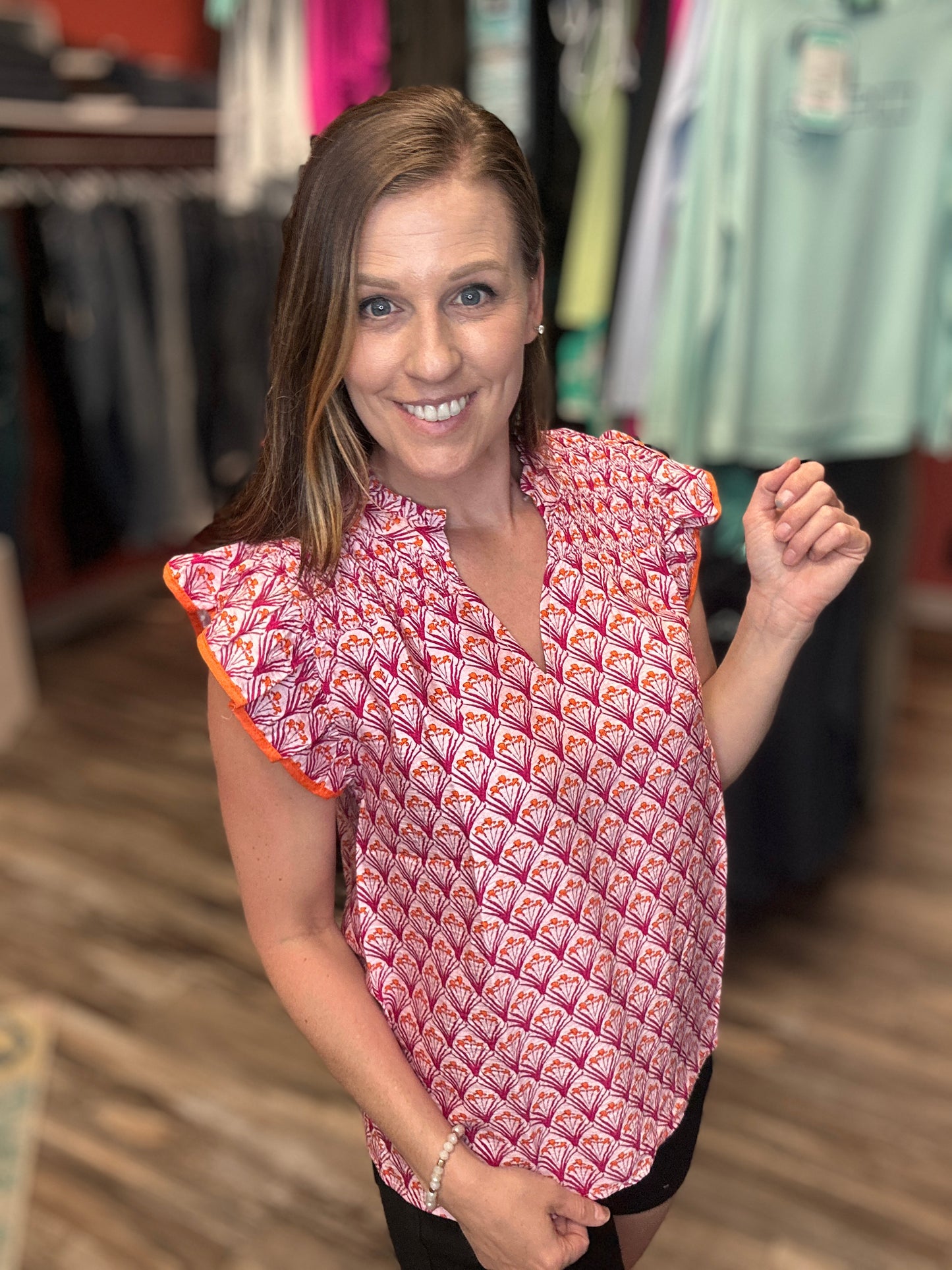 Pink Ruffled Collar Short Sleeve Blouse
