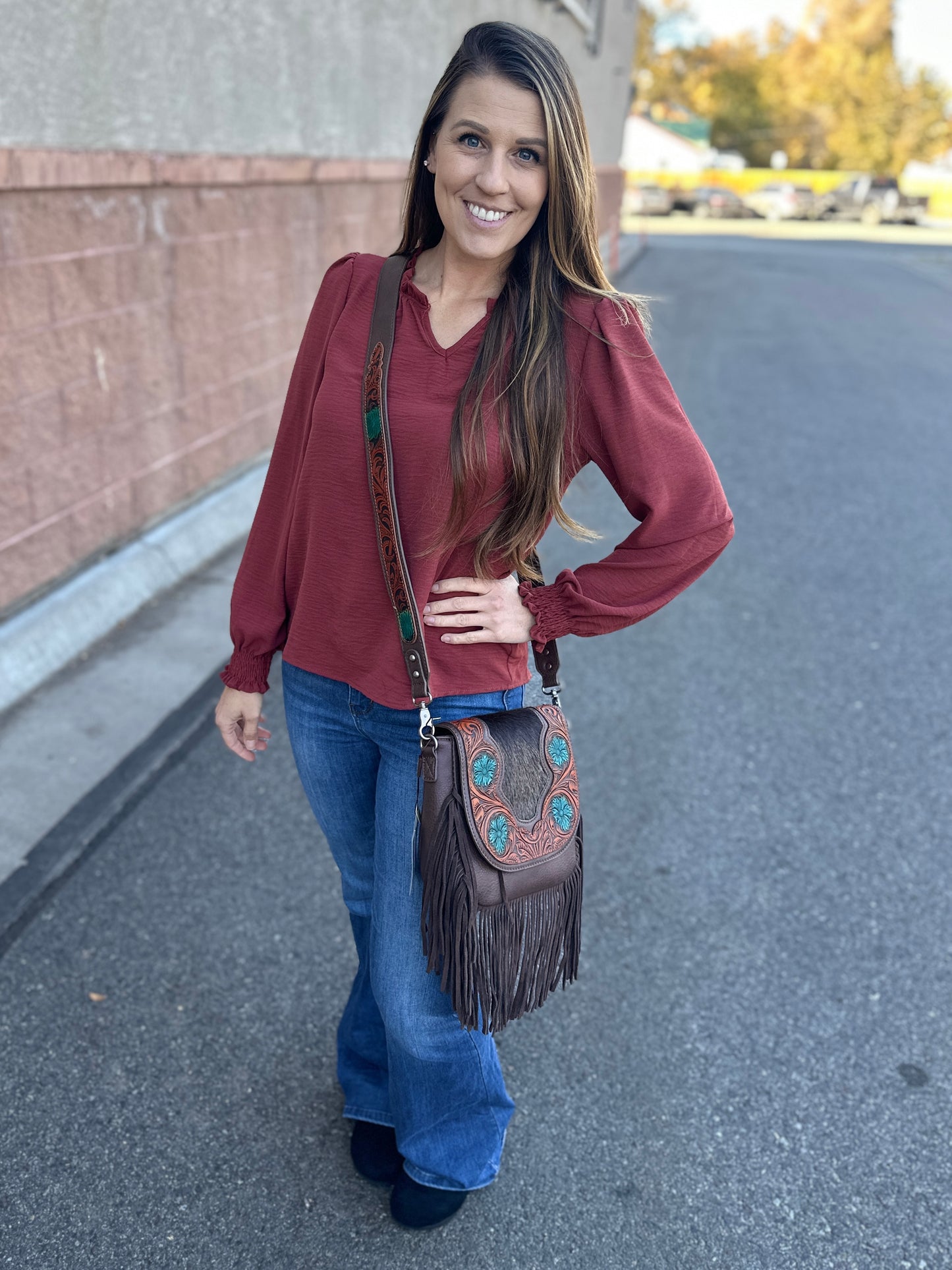 Solid Ruffle Smocked Long Sleeve Blouse