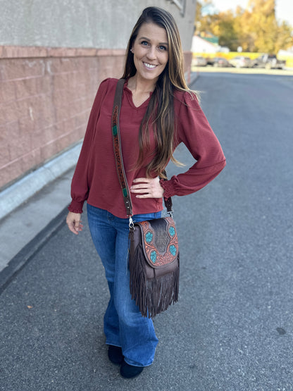 Solid Ruffle Smocked Long Sleeve Blouse