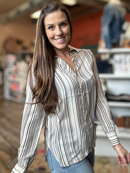 Sheer Ivory and Black Stripe Button Down Long Sleeve