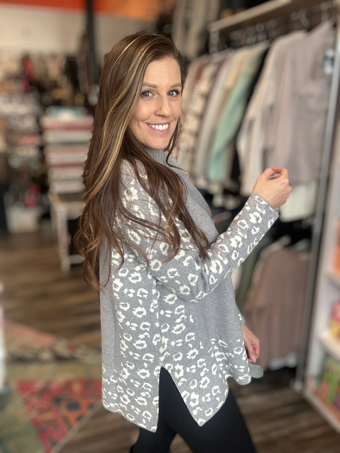 Leopard Contrast Crew Neck Sweater