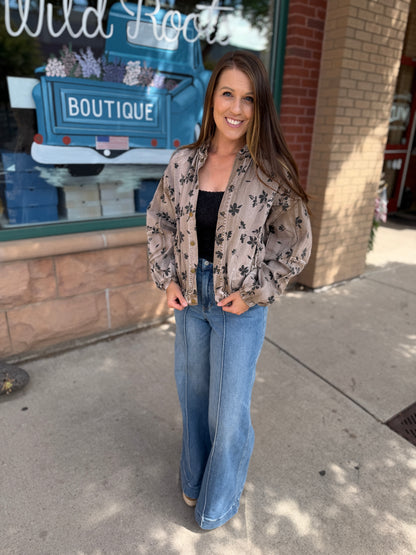 Mocha Floral Twill Puff Jacket