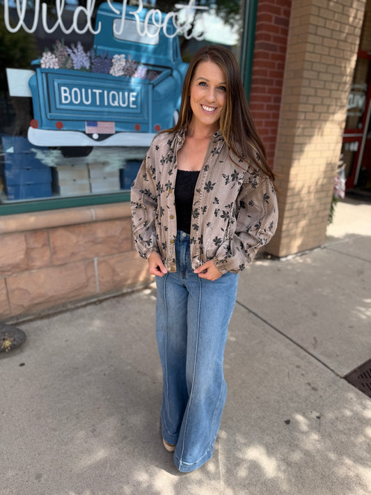Mocha Floral Twill Puff Jacket