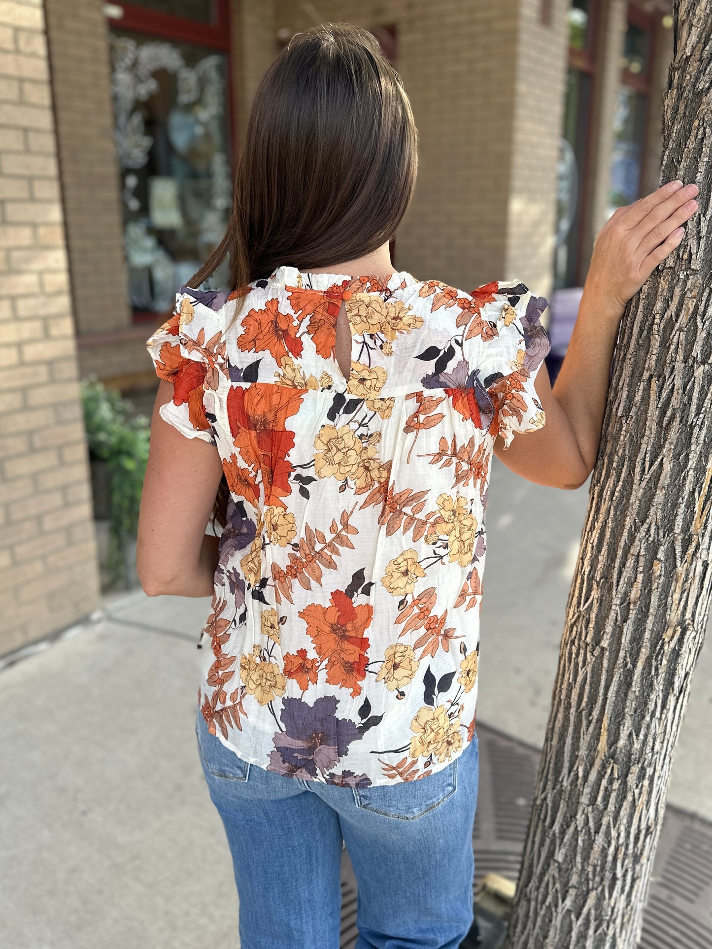 Rust Floral Ruffle Short Sleeve
