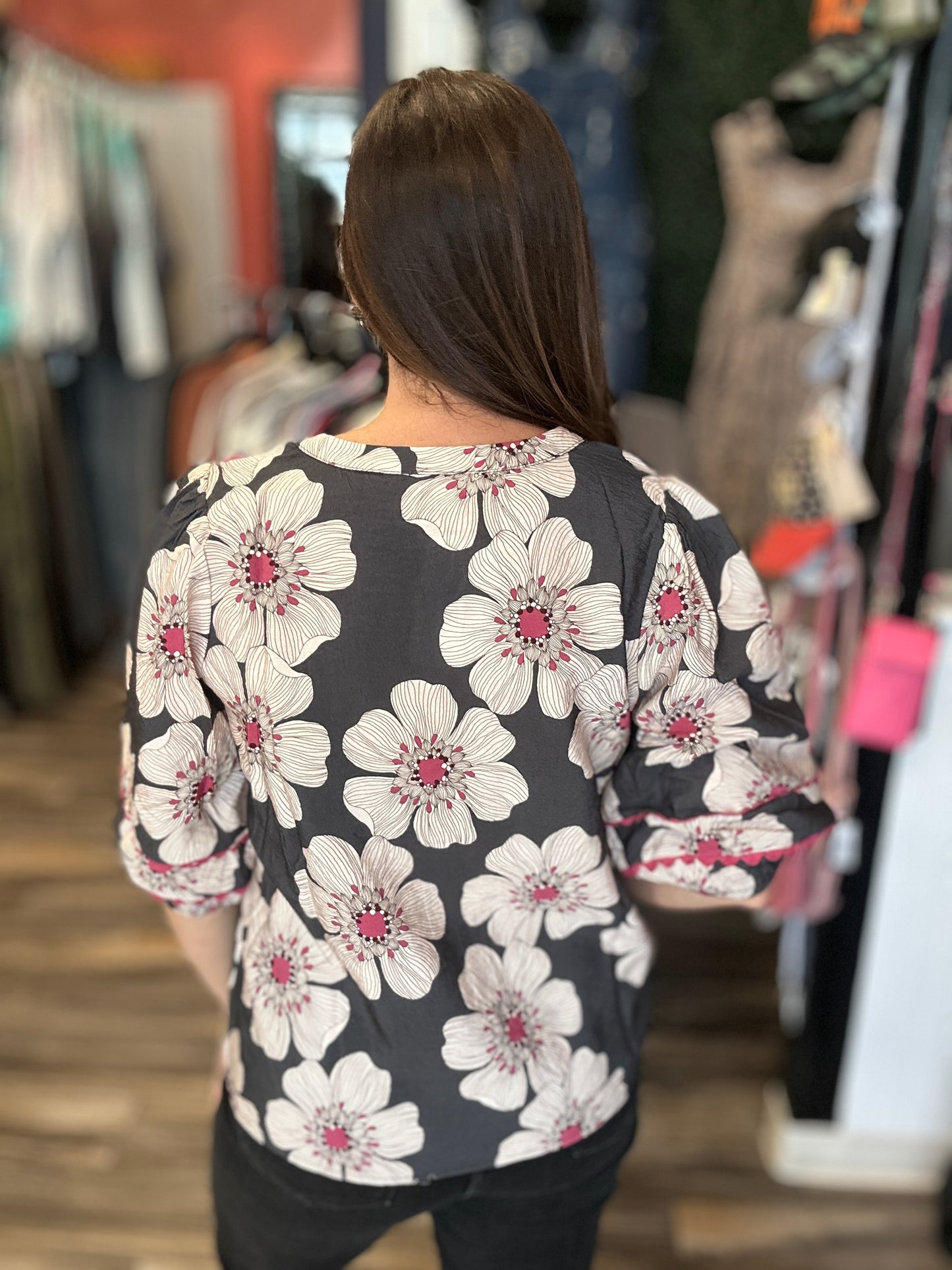 Charcoal Floral 3/4 Sleeve Blouse
